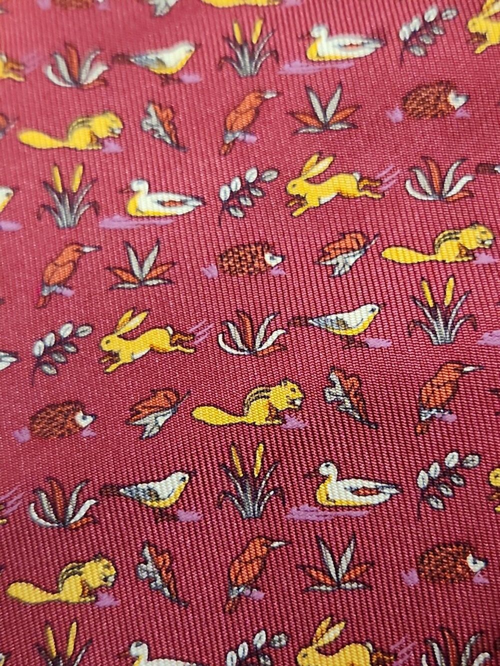 Salvatore Ferragamo Silk Tie Animals Red Squirrel Hedgehog Italy Whimsical Birds